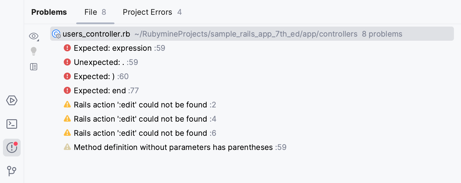 RubyMine: Problems tool window. Current File tab