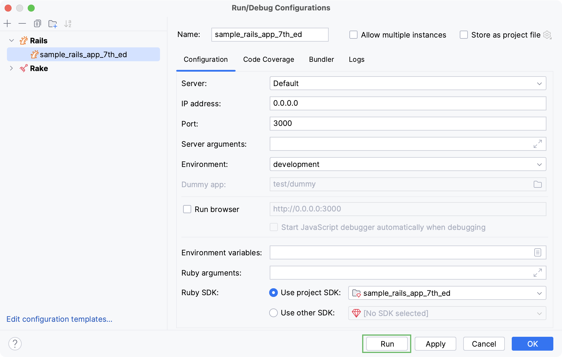 Run/debug configuration: the Run button