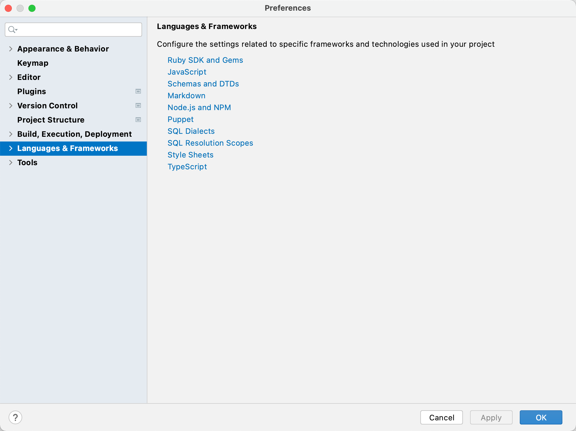 Settings: Languages and Frameworks