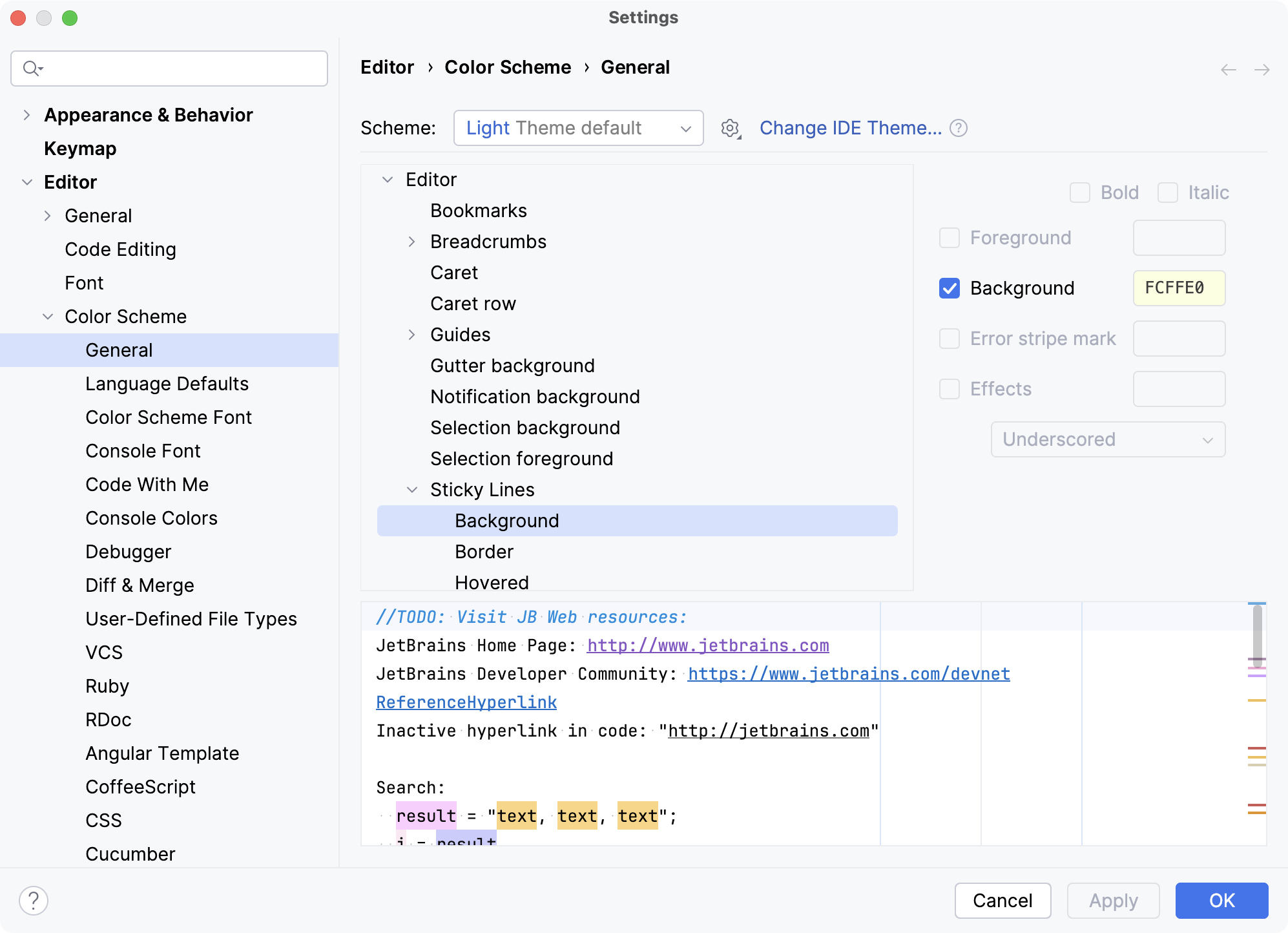 Sticky lines color scheme settings