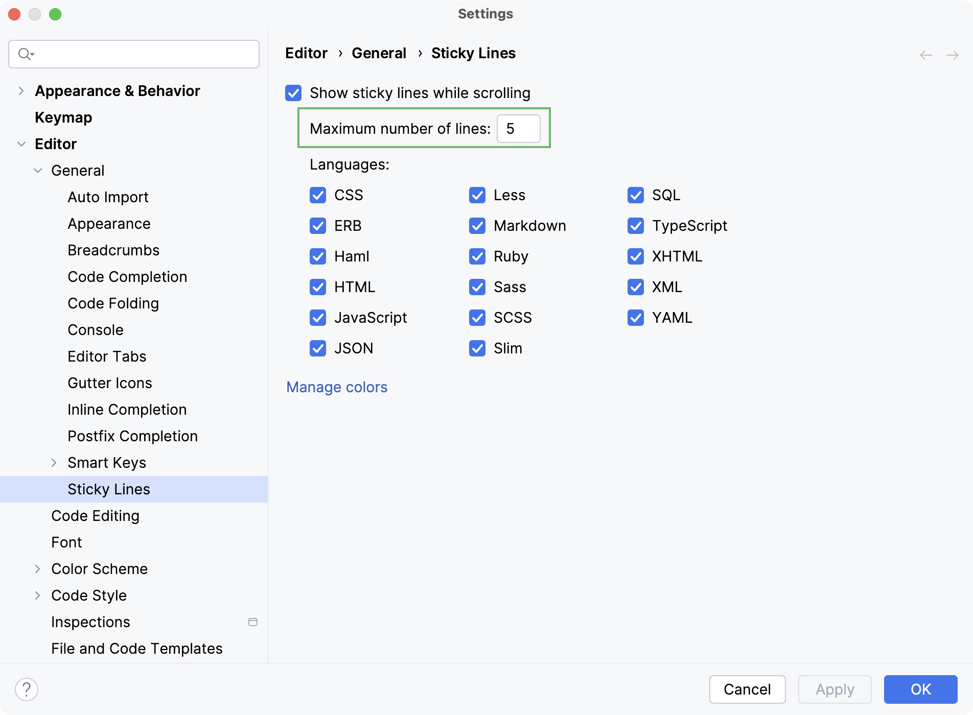 Configure the number of sticky lines