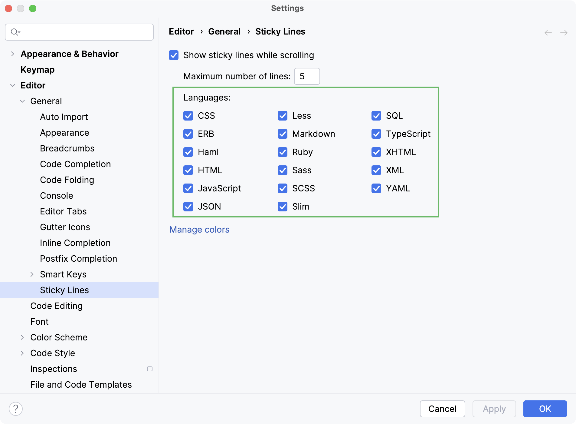 Disable sticky lines for specific languages in the IDE settings