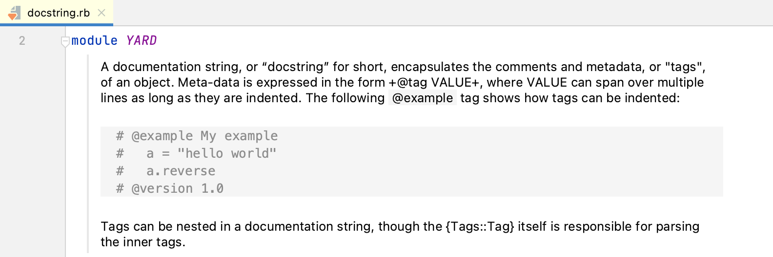 RubyMine: Toggle rendered view for documentation comments