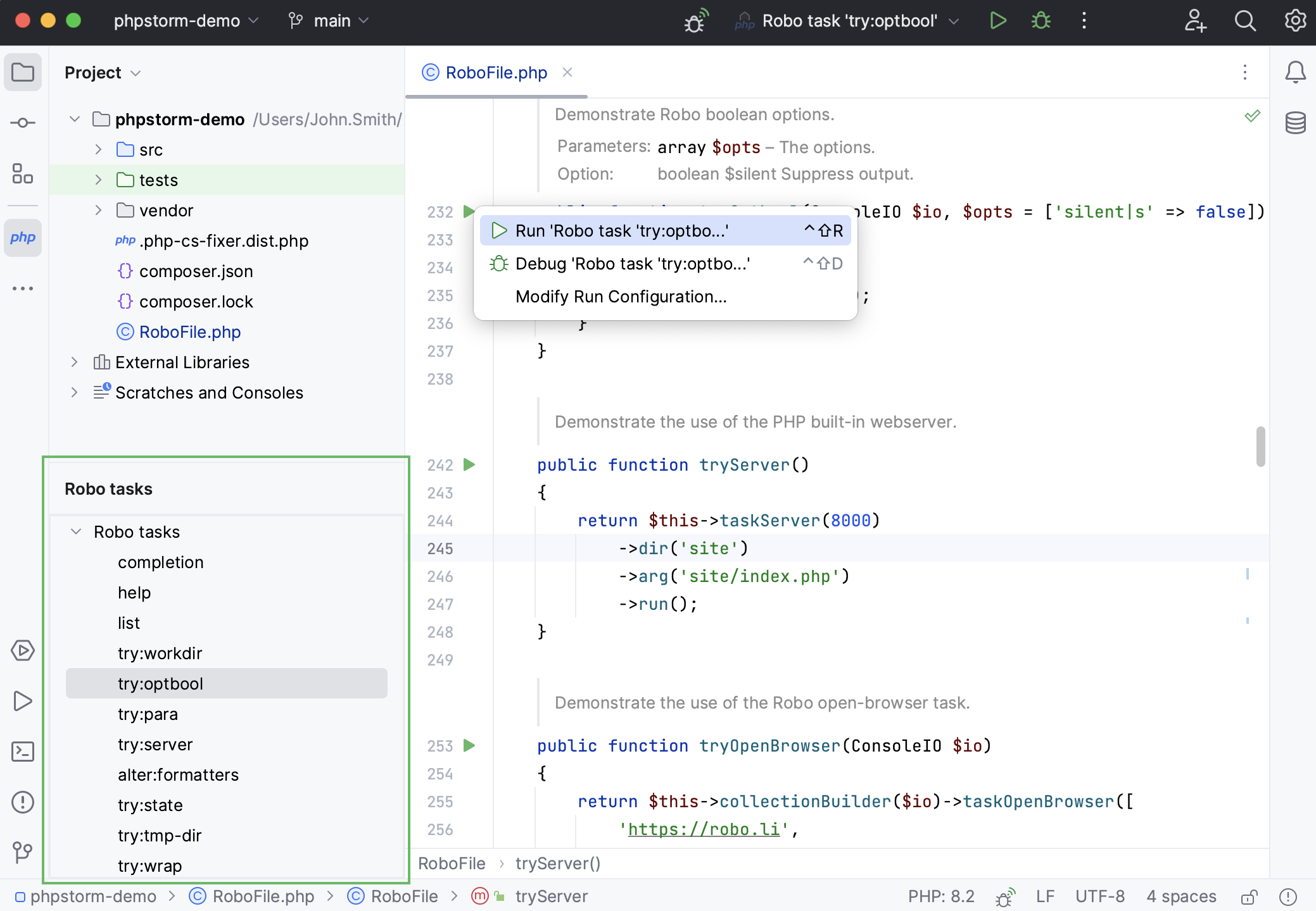 Robo overview in PhpStorm