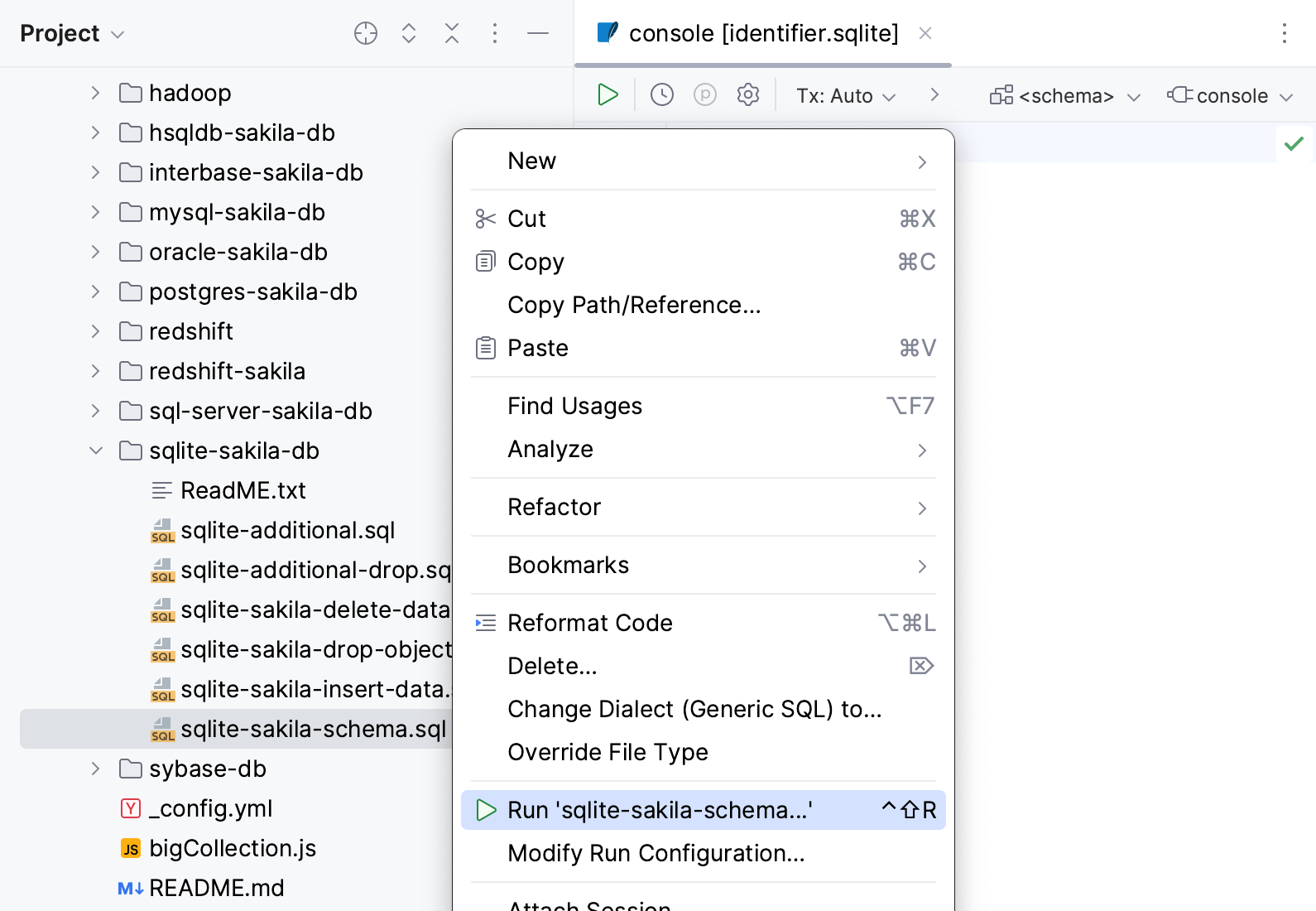 Run SQL files from the Project tool window