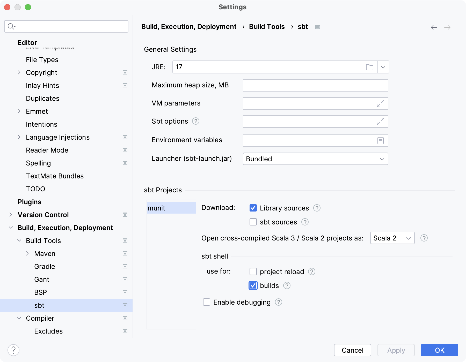 sbt settings: sbt projects section