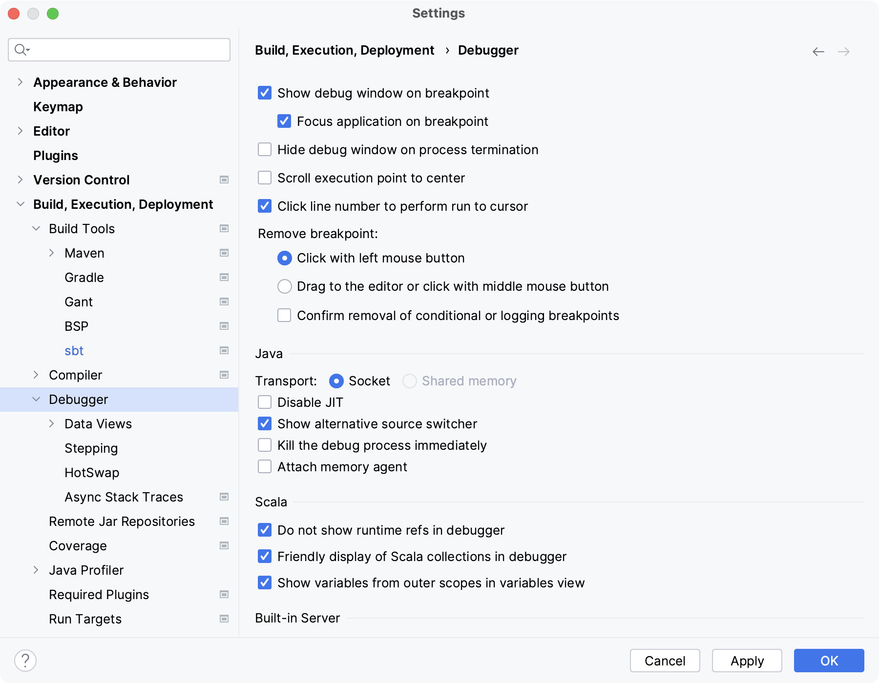 the Debugger settings: Scala