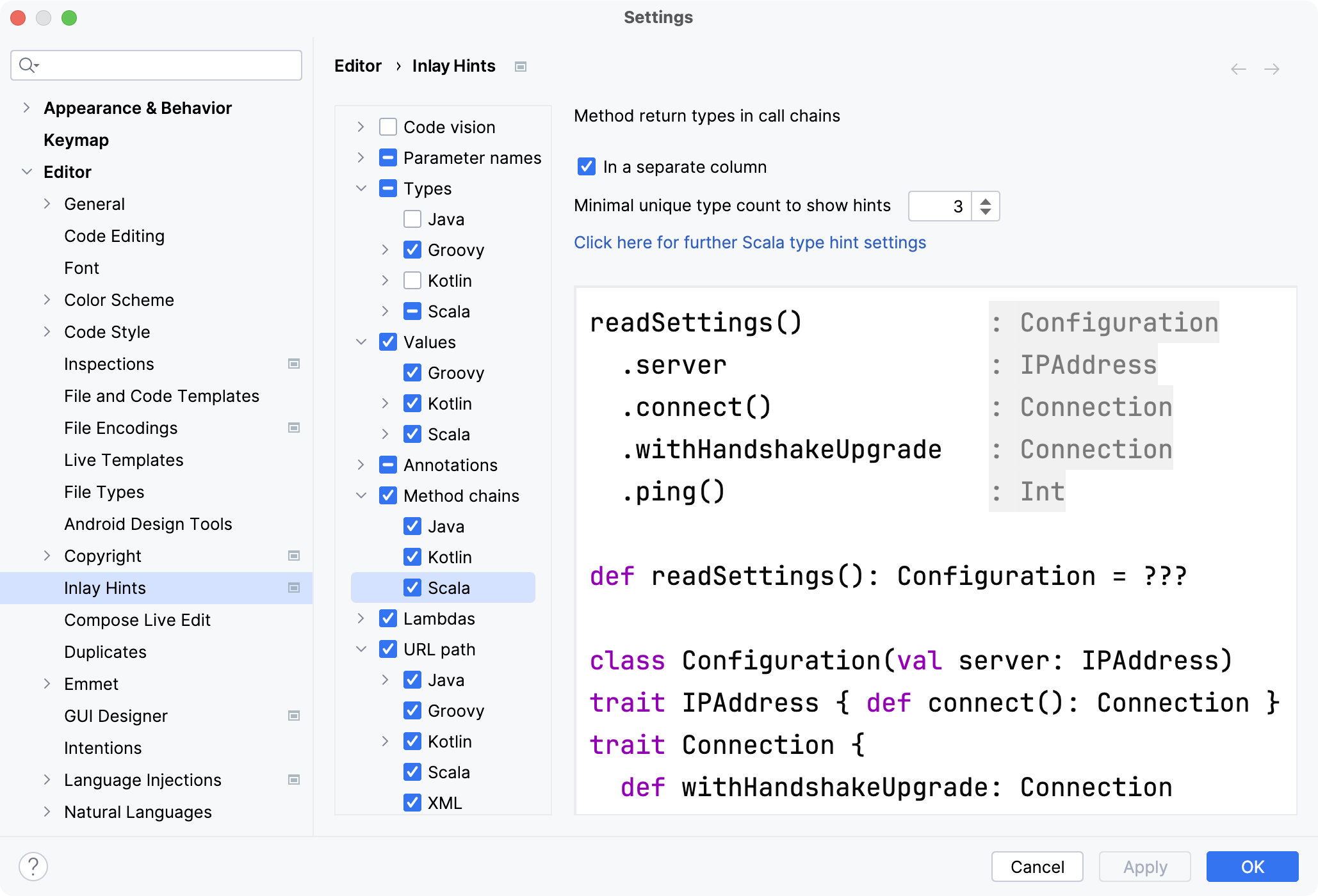 Inlay hints context menu