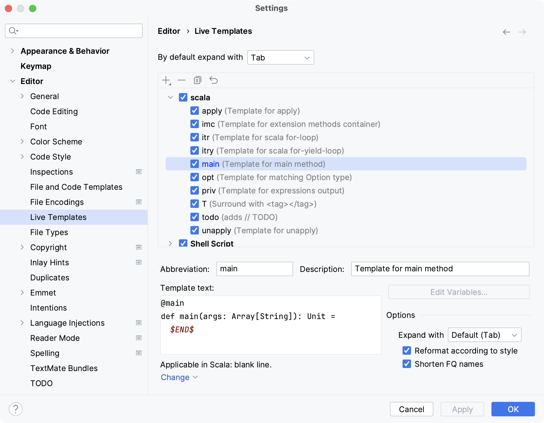 Live templates settings