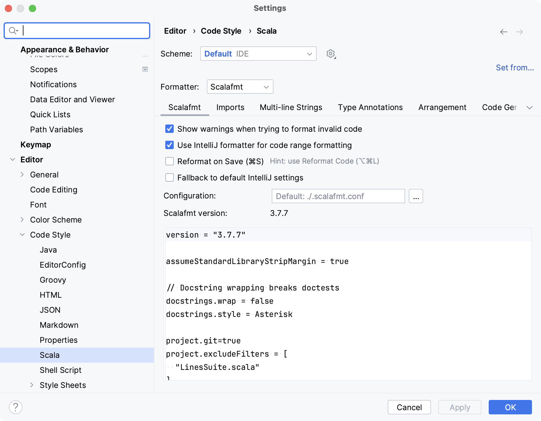 Scalafmt settings