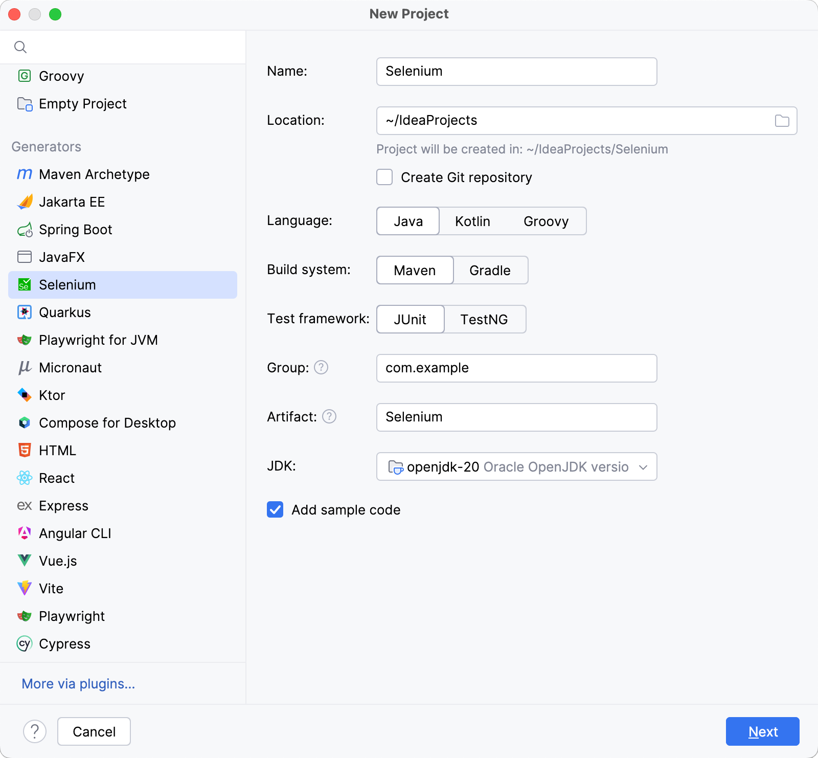 Creating a new Selenium project