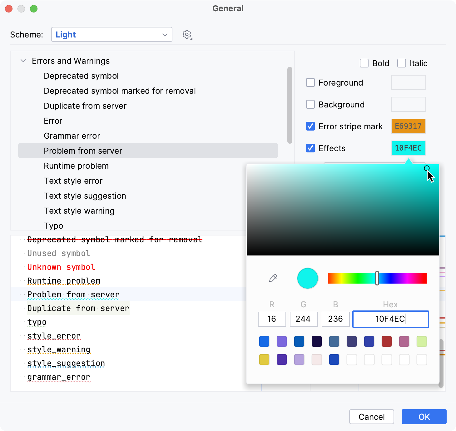 Changing error highlighting