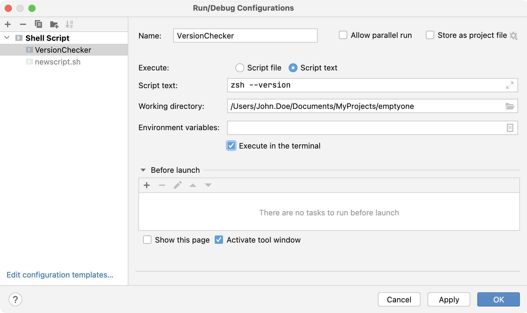 Shell Script run/debug configuration