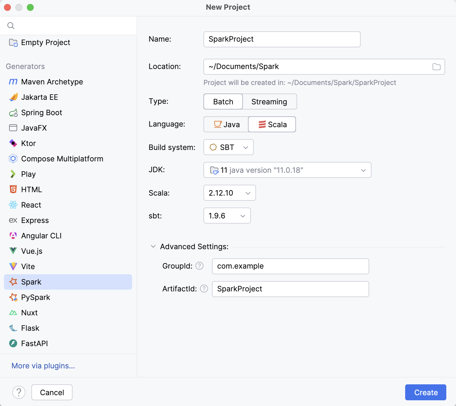 Spark new project wizard Spark new project wizard