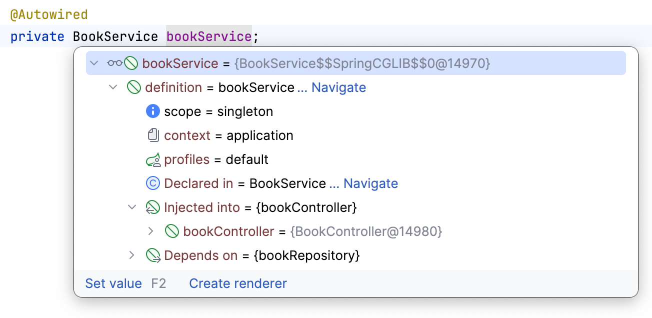 A popup showing detailed information about a bean