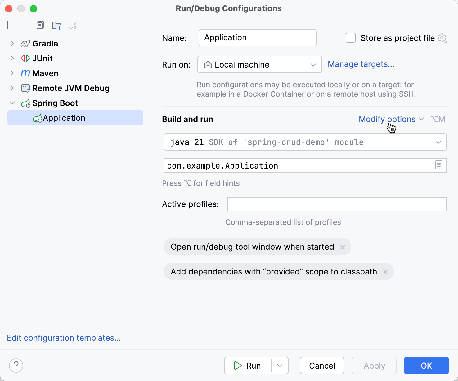 'Modify Options' button in run configuration settings