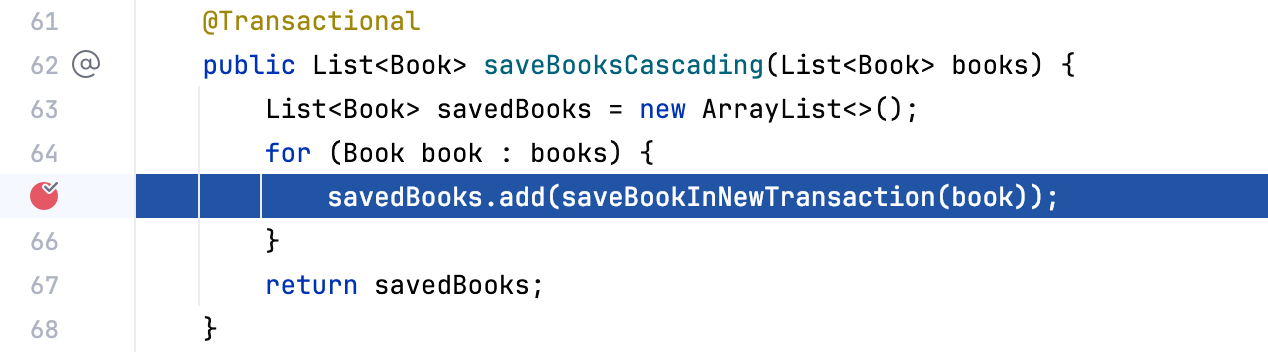 The app suspended at a line in a method marked as @Transactional