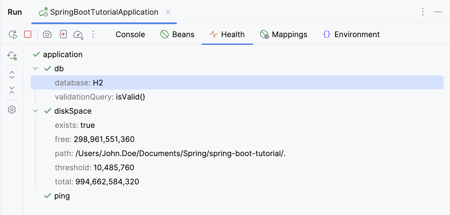 Spring Boot Health endpoints tab