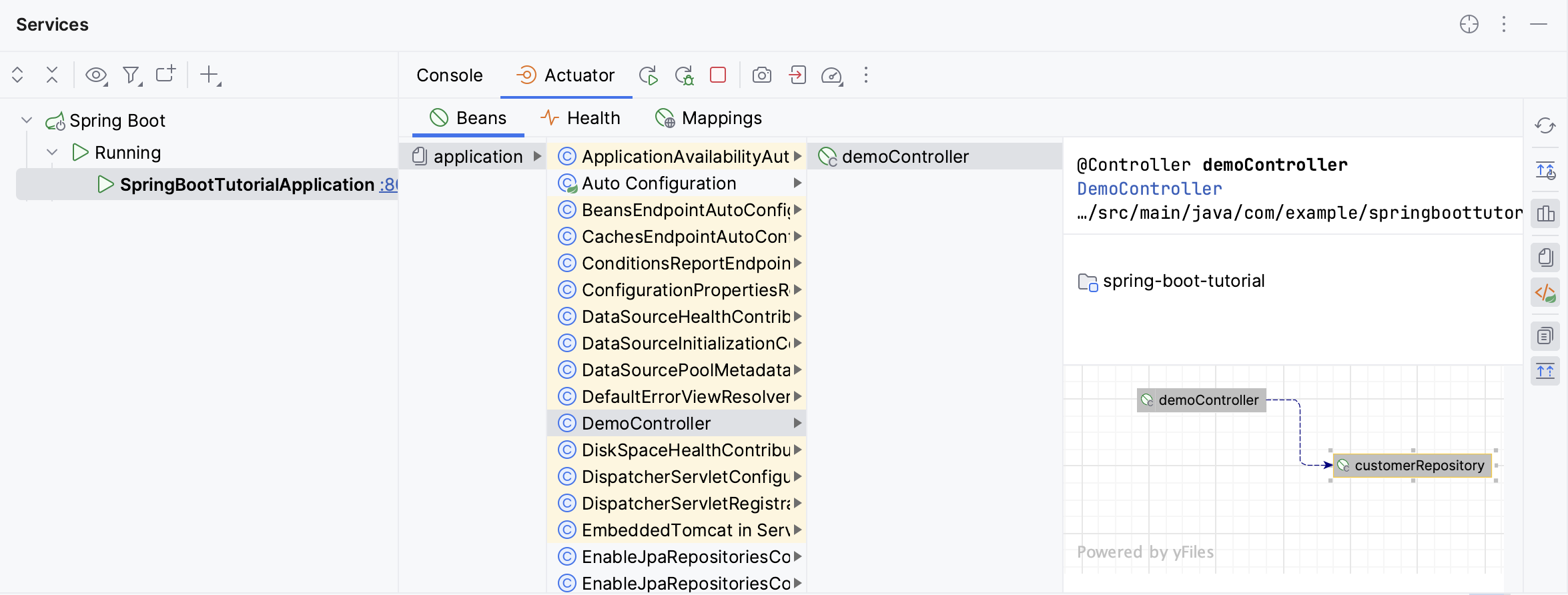 Spring actuator beans shown in the Services tool window