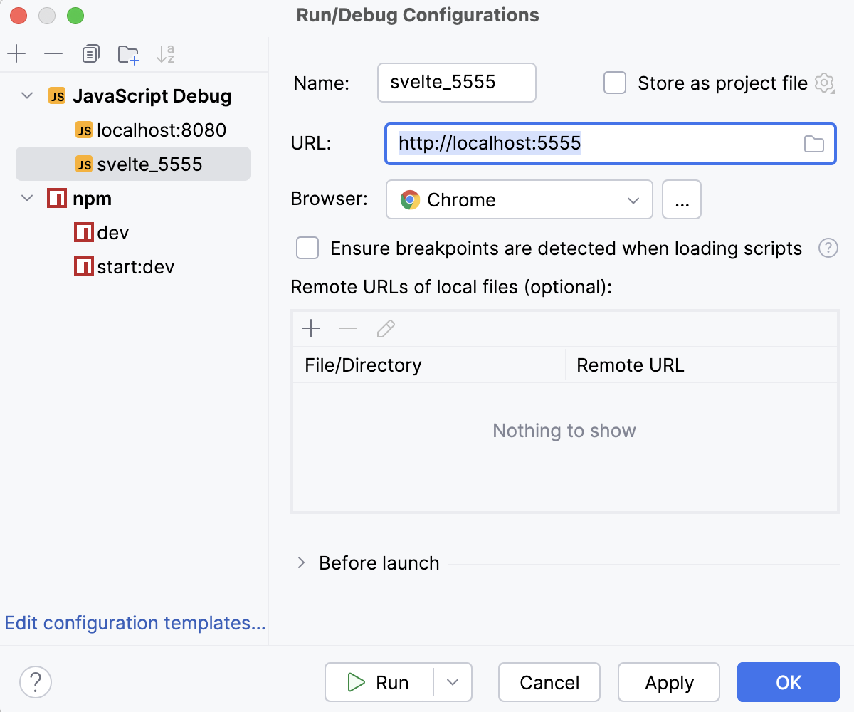 Create a JavaScript Debug configuration: specify the URL