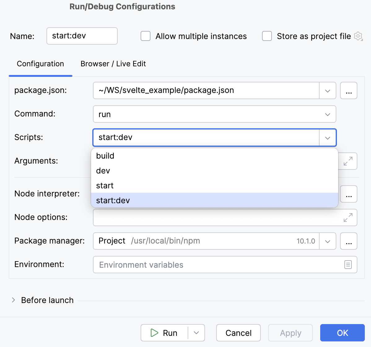 npm run/debug configuration: Configuration tab