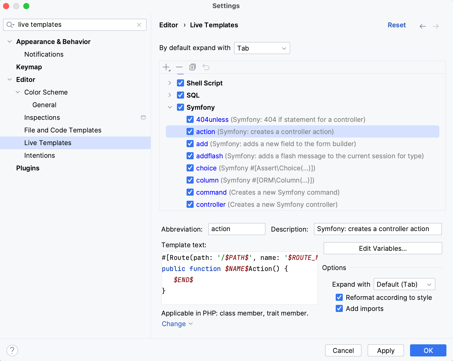 Symfony live templates settings