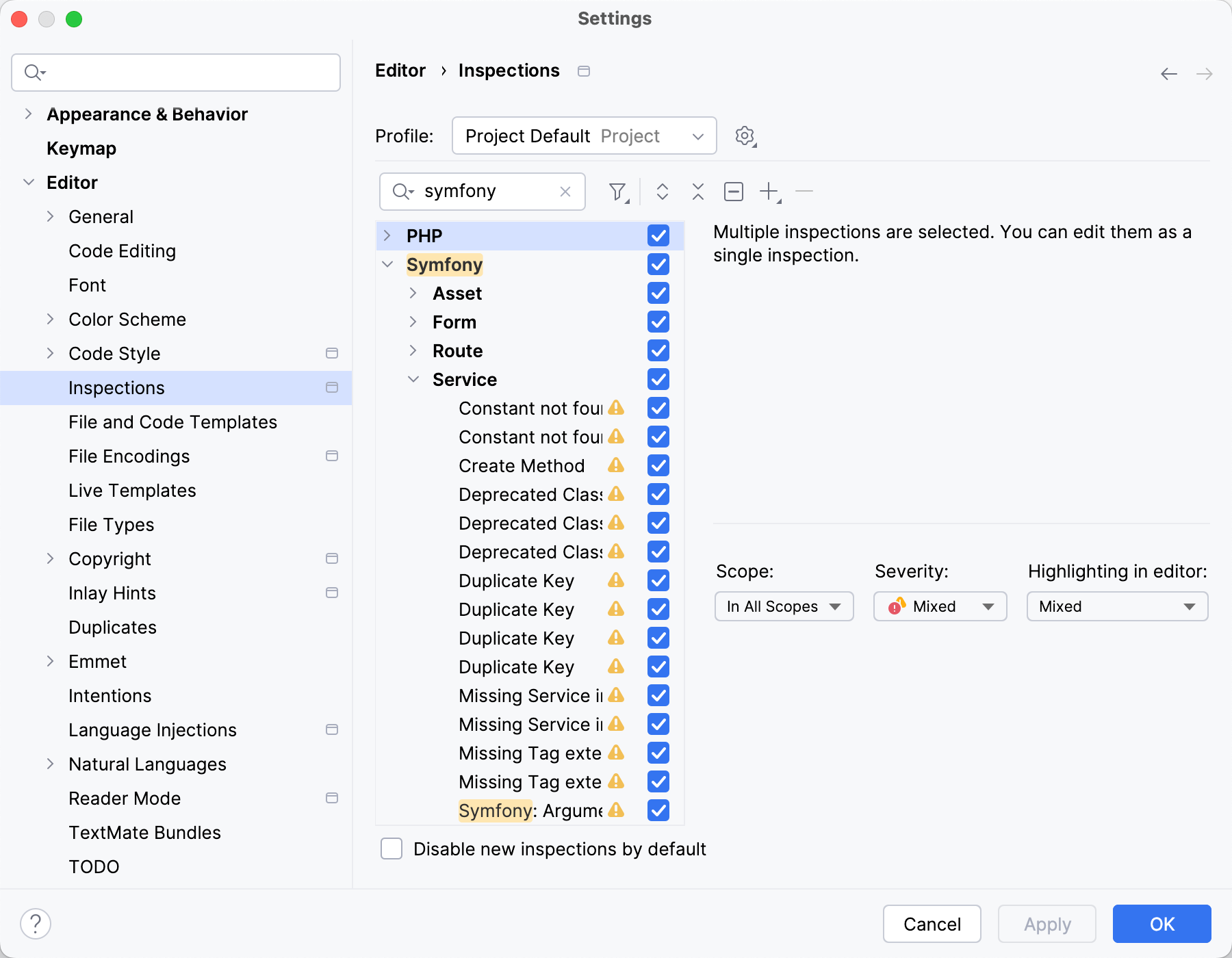 Code inspections for Symfony services