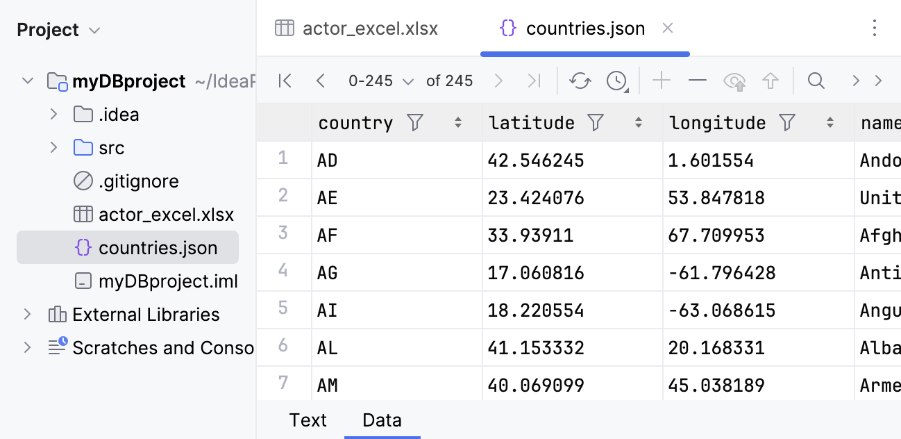 Contents of a JSON file are displayed in the data editor