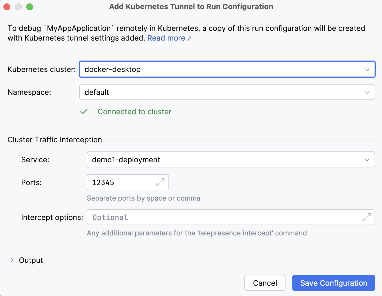 Add Kubernetes Tunnel to Run Configuration