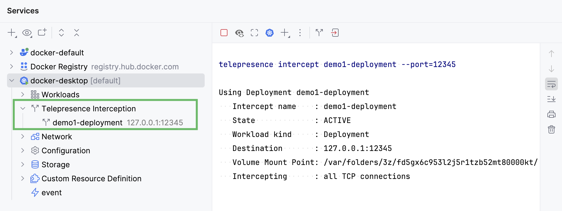 Telepresence Interception in Services tool window