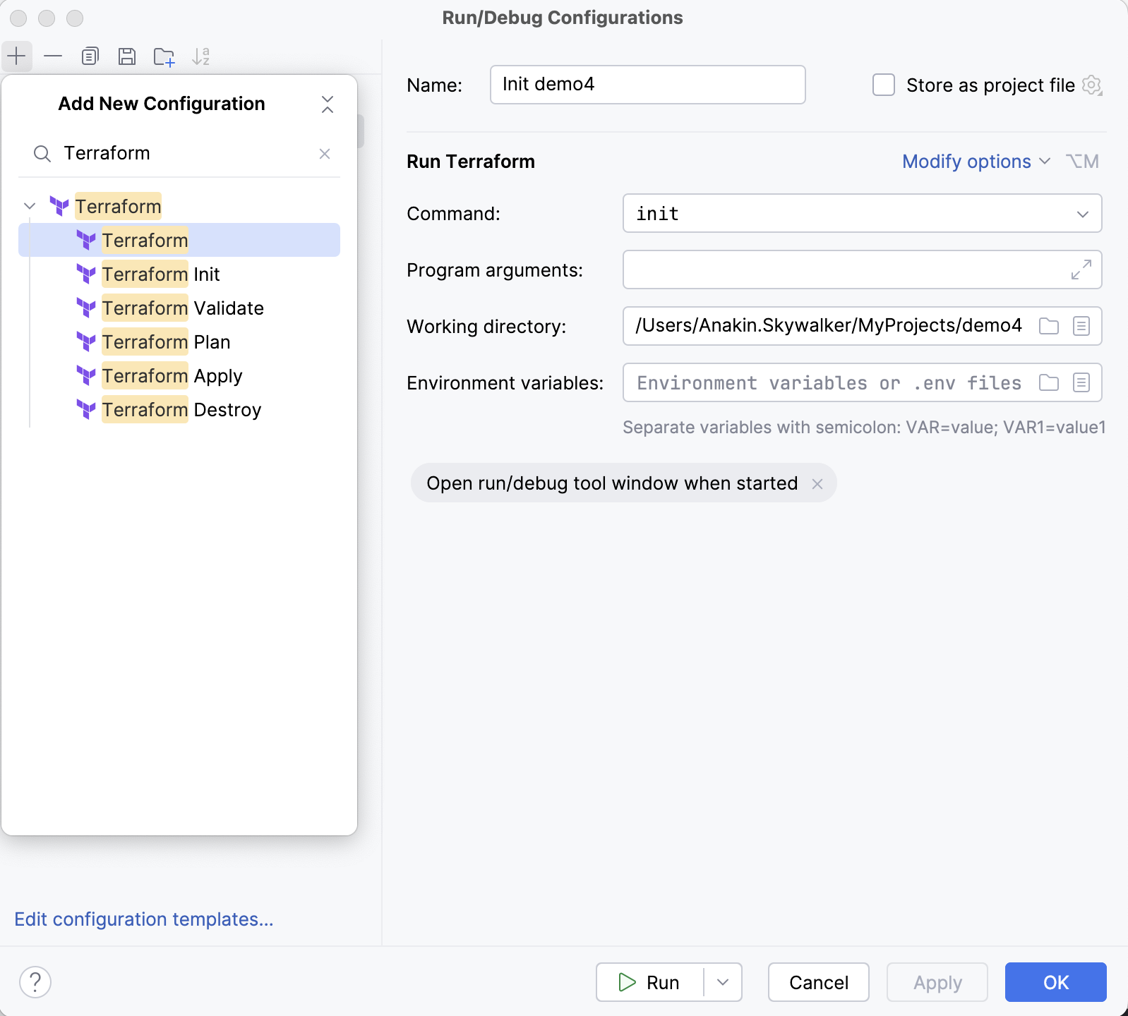 Terraform run configuration