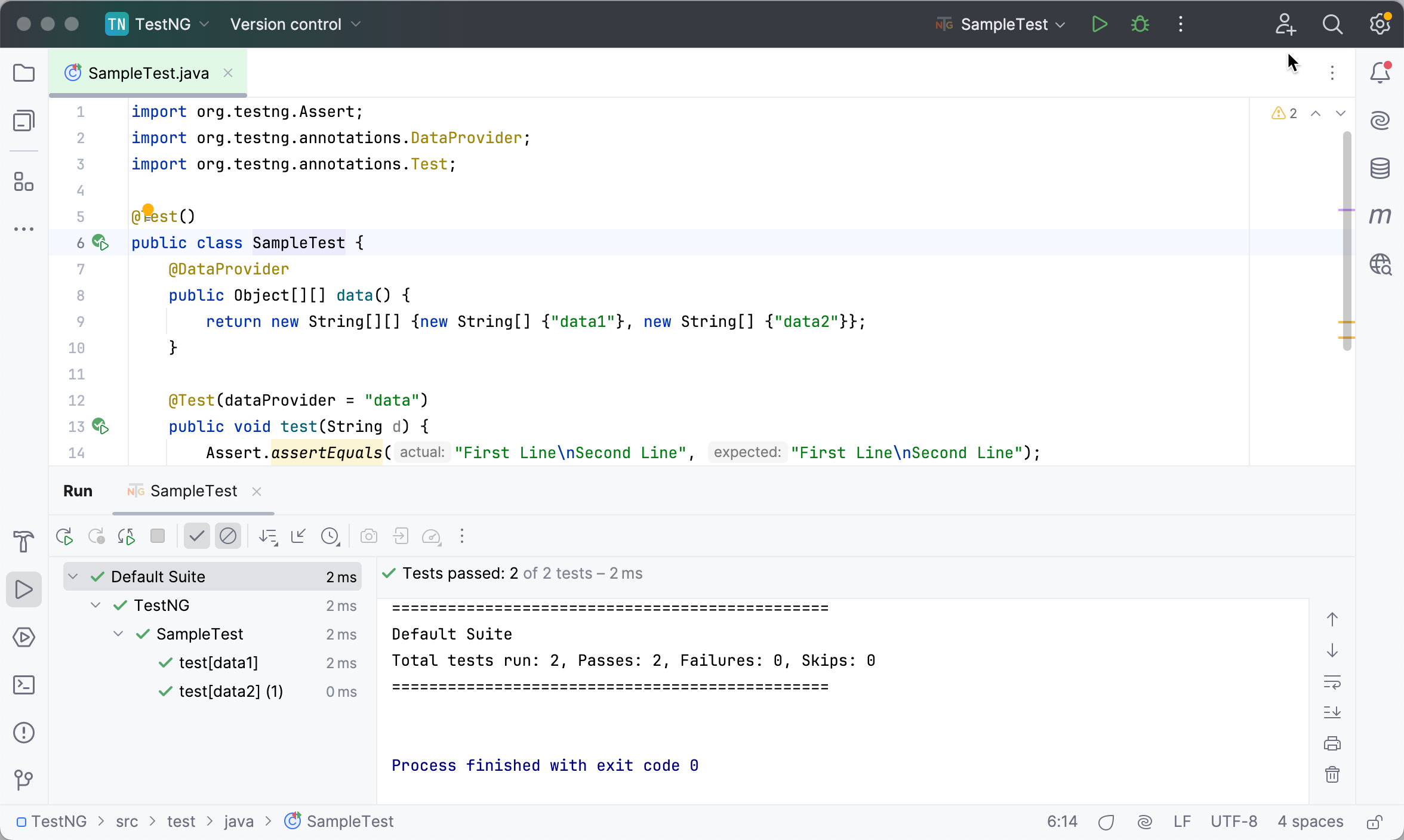 Viewing TestNG test results in Run tool window