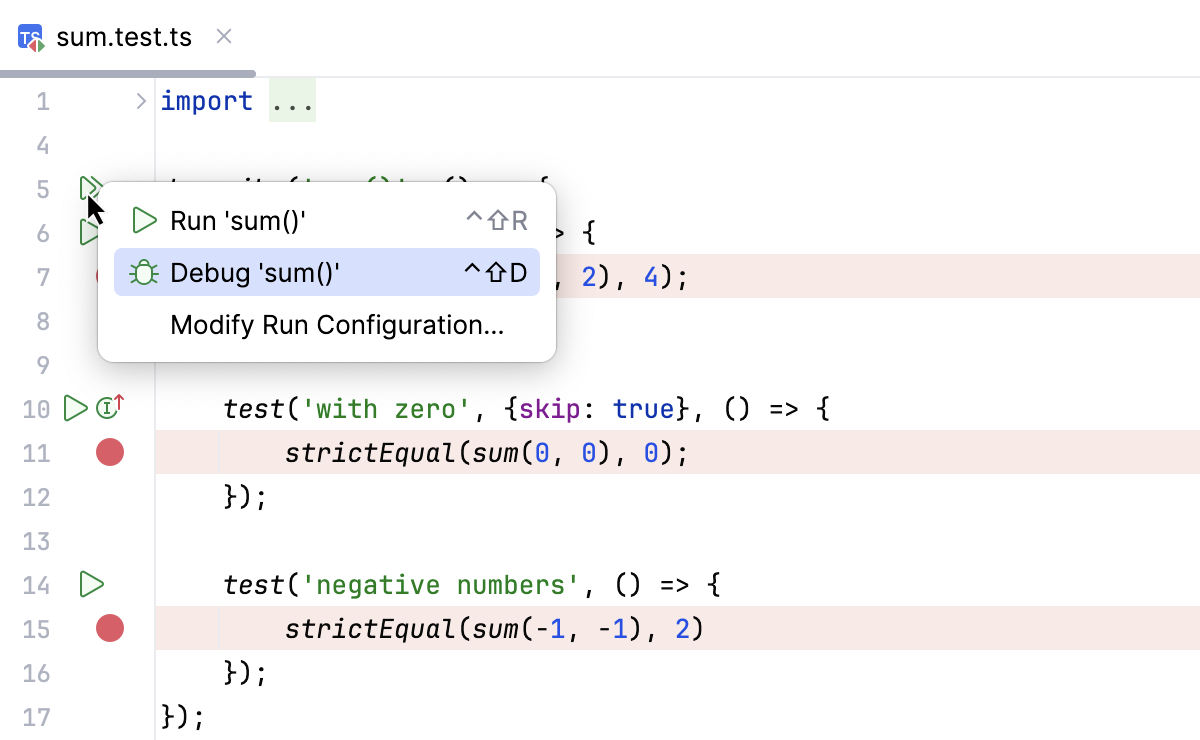 TypeScript testing: debug a suite from the editor