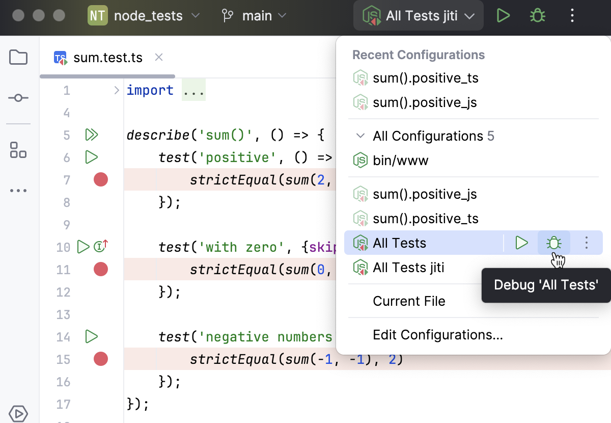 TypeScript testing: debug test via a run/debug configuration