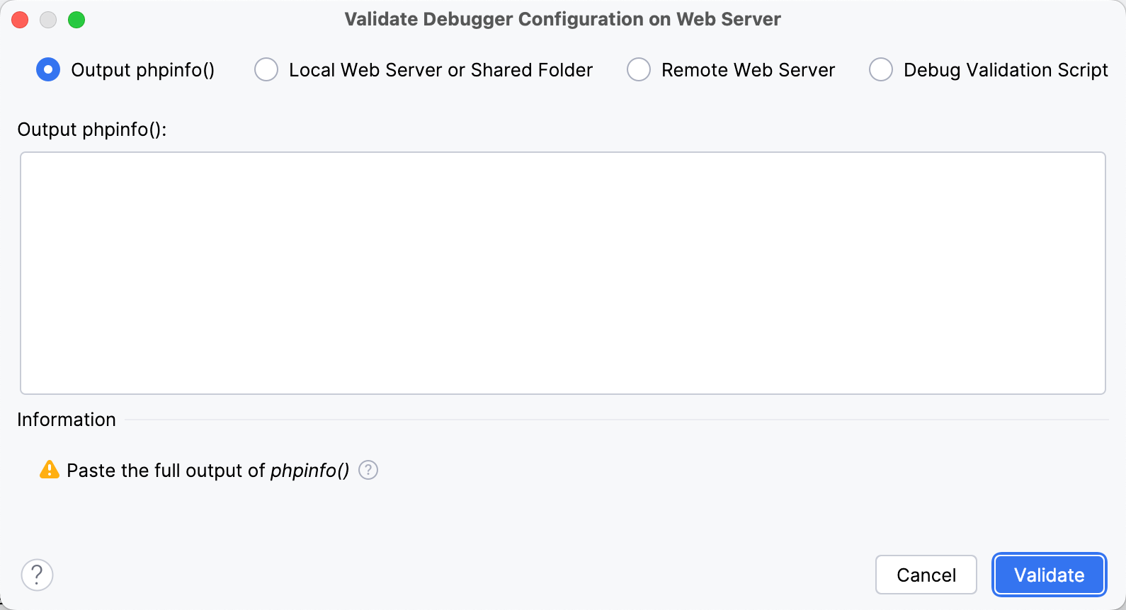 Validate Debugger Configuration on Web Server dialog