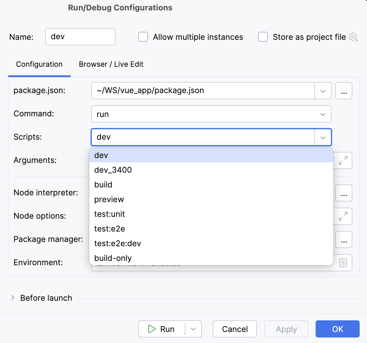 npm run/debug configuration