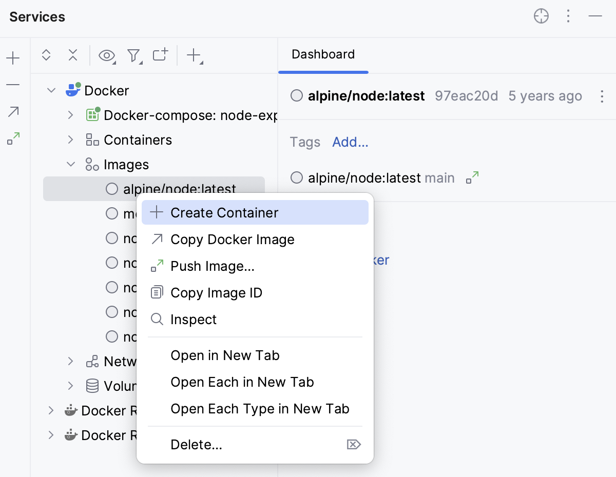 The Create container context menu item