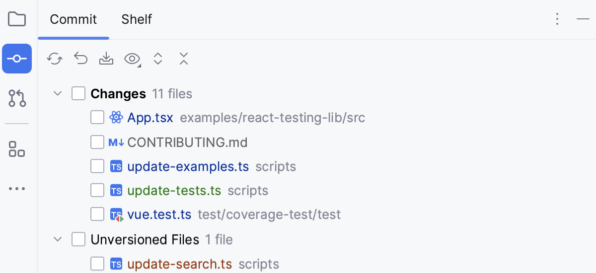 Files with various statuses in the Version Control tool window