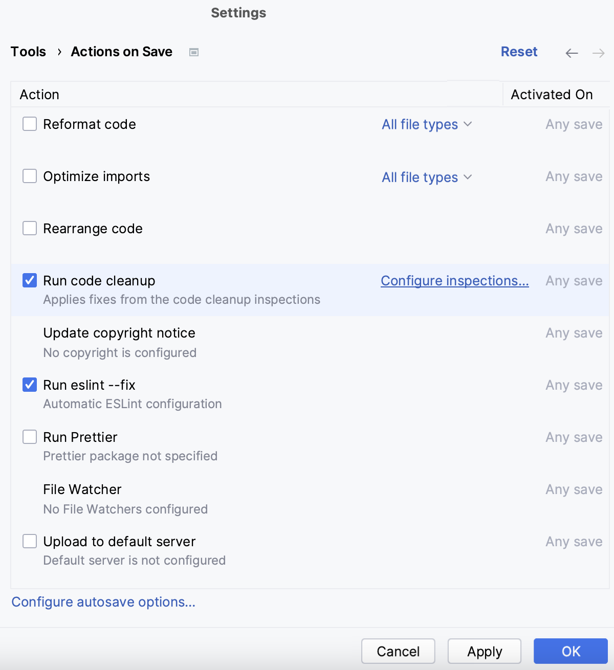 Enable code clean-up on save and configure the inspection