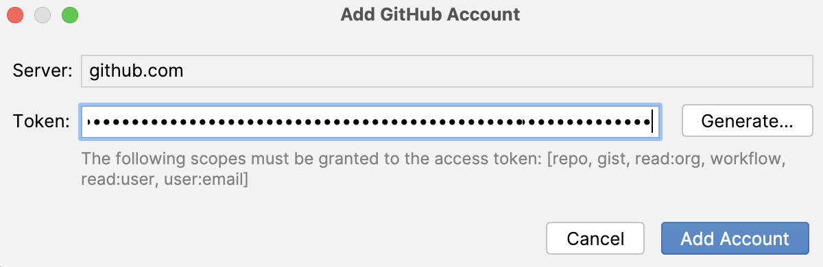 Adding GitHub account with token