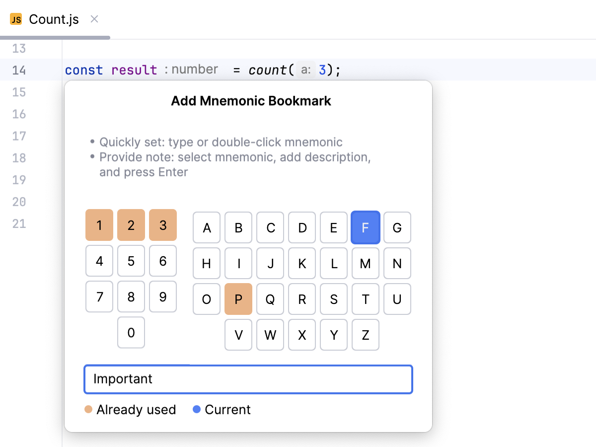 Adding a mnemonic bookmark: select an identifier