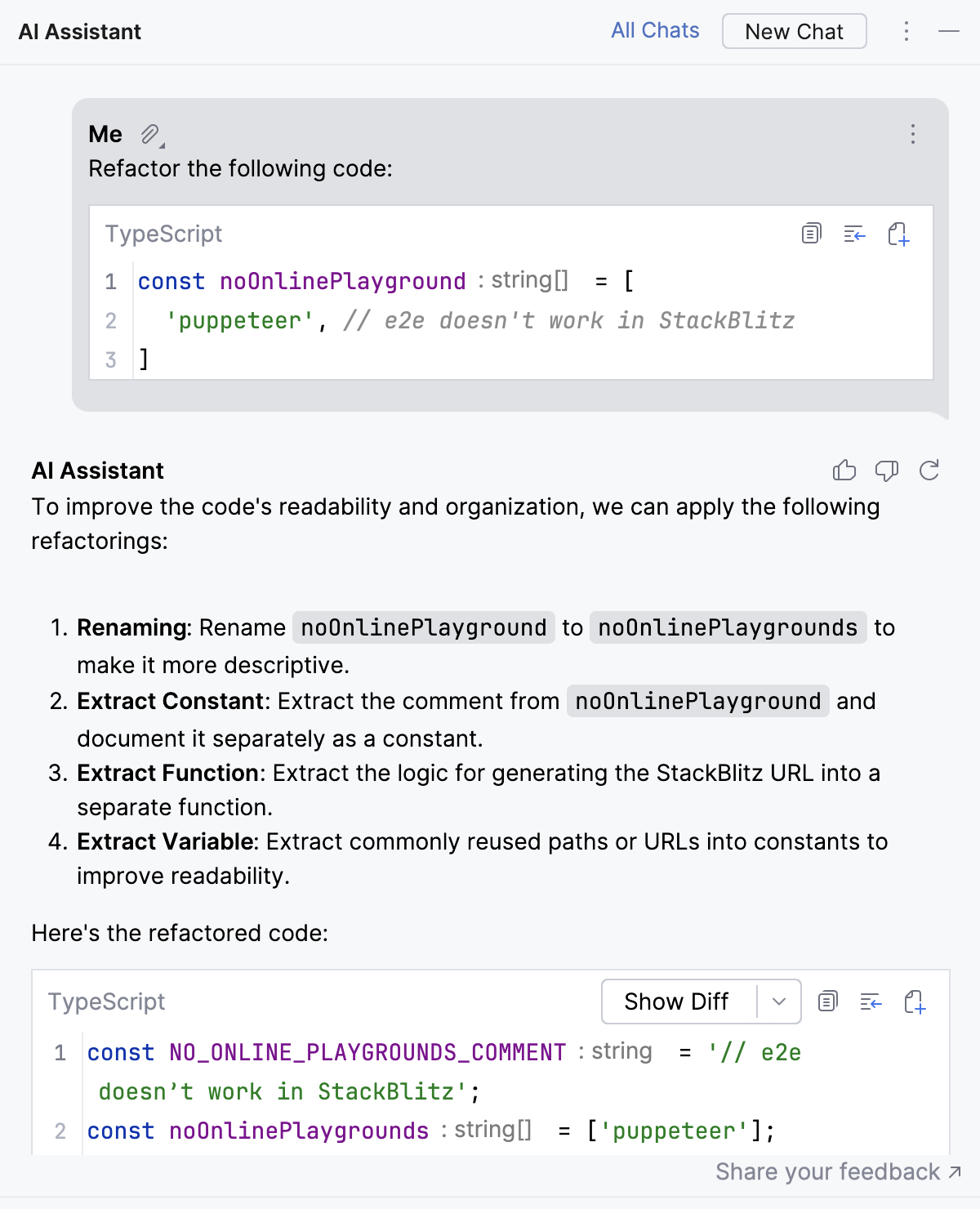 WebStorm: AI Assistant suggests refactoring