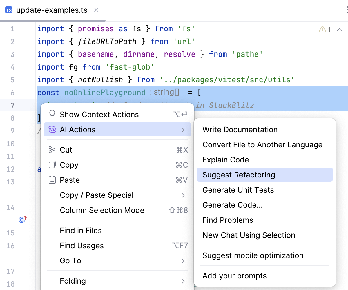 AI Assistant suggests refactoring, context menu