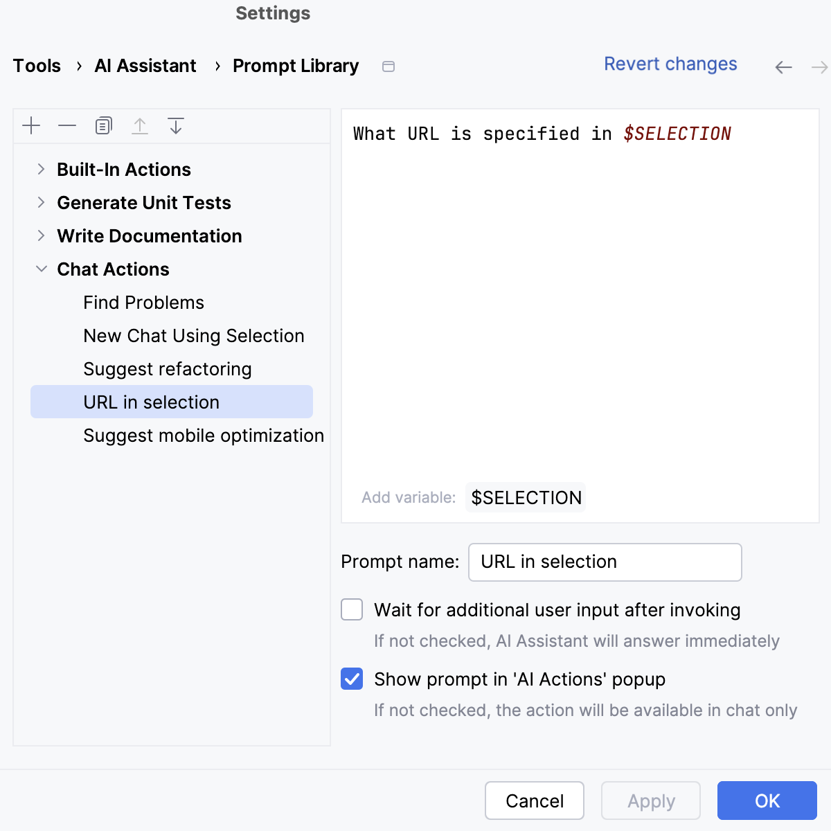 WebStorm: Custom prompt parameters