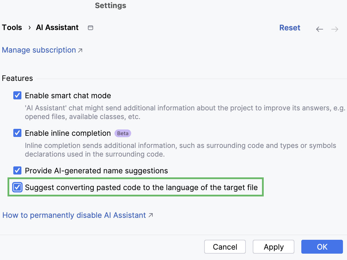 Selected option that enables converting pasted code