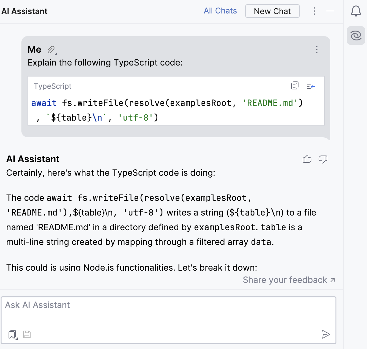 WebStorm AI Assistant explains code