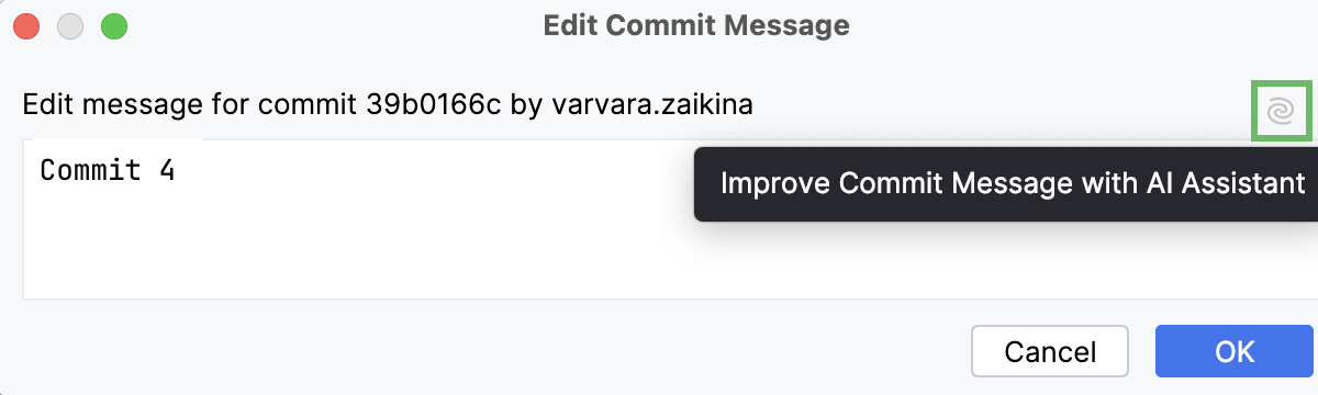 Dialog with an old commit message and the AI Assistant icon