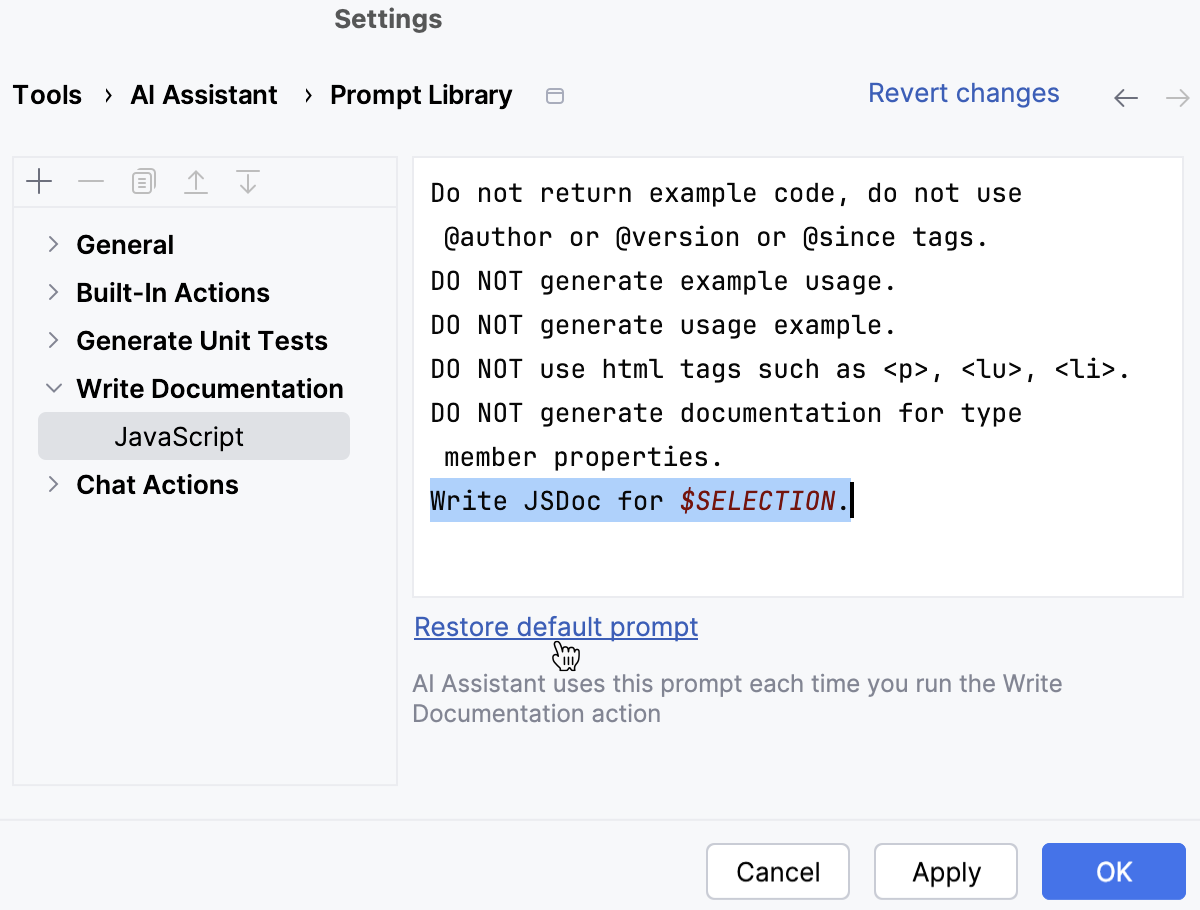 WebStorm: Select the action