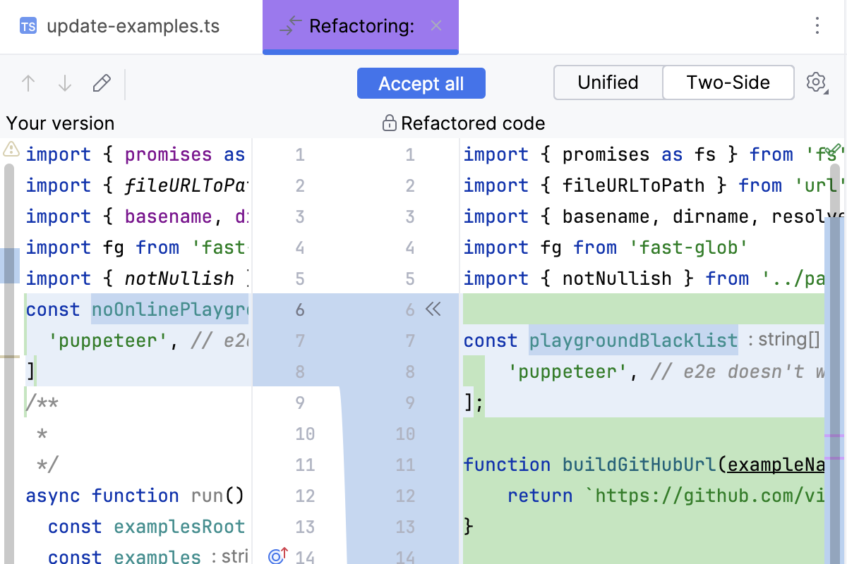 Diff tab with refactored code