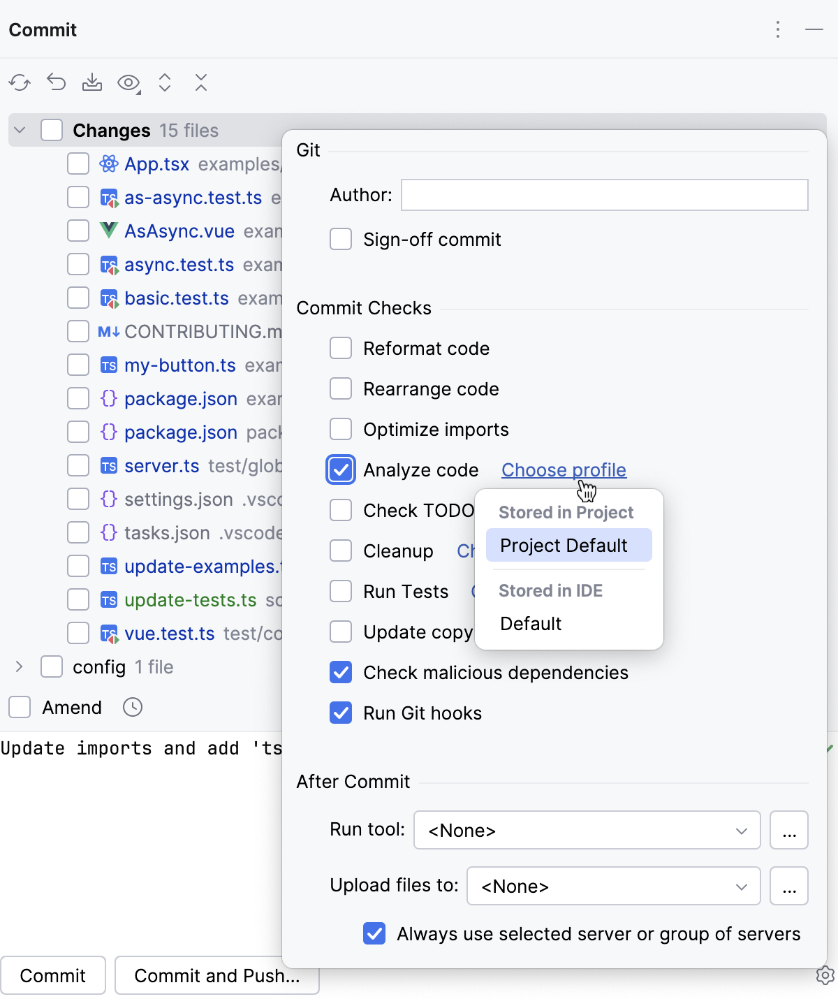 Run inspections before commit: Commit tool window